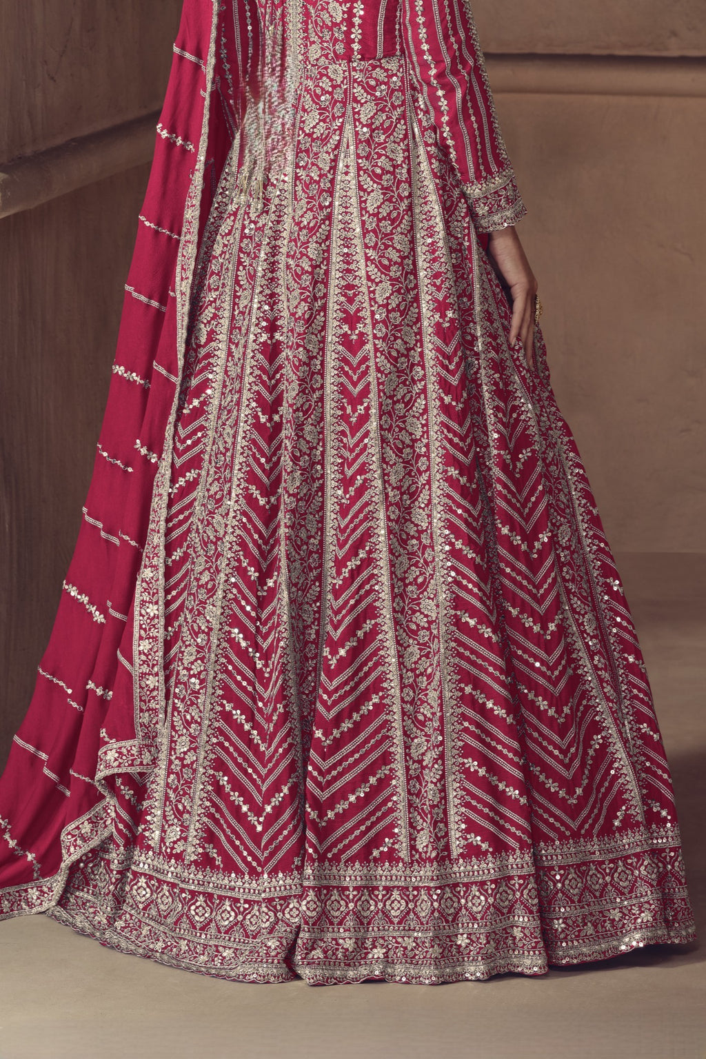 Pink Chinon Silk Anarkali Suit For Indian & Pakistani Wedding Festival - Thread & Sequence Embroidery Work