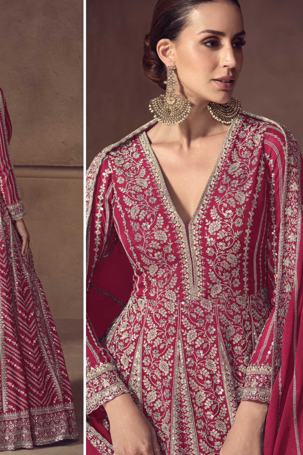 Pink Chinon Silk Anarkali Suit For Indian & Pakistani Wedding Festival - Thread & Sequence Embroidery Work