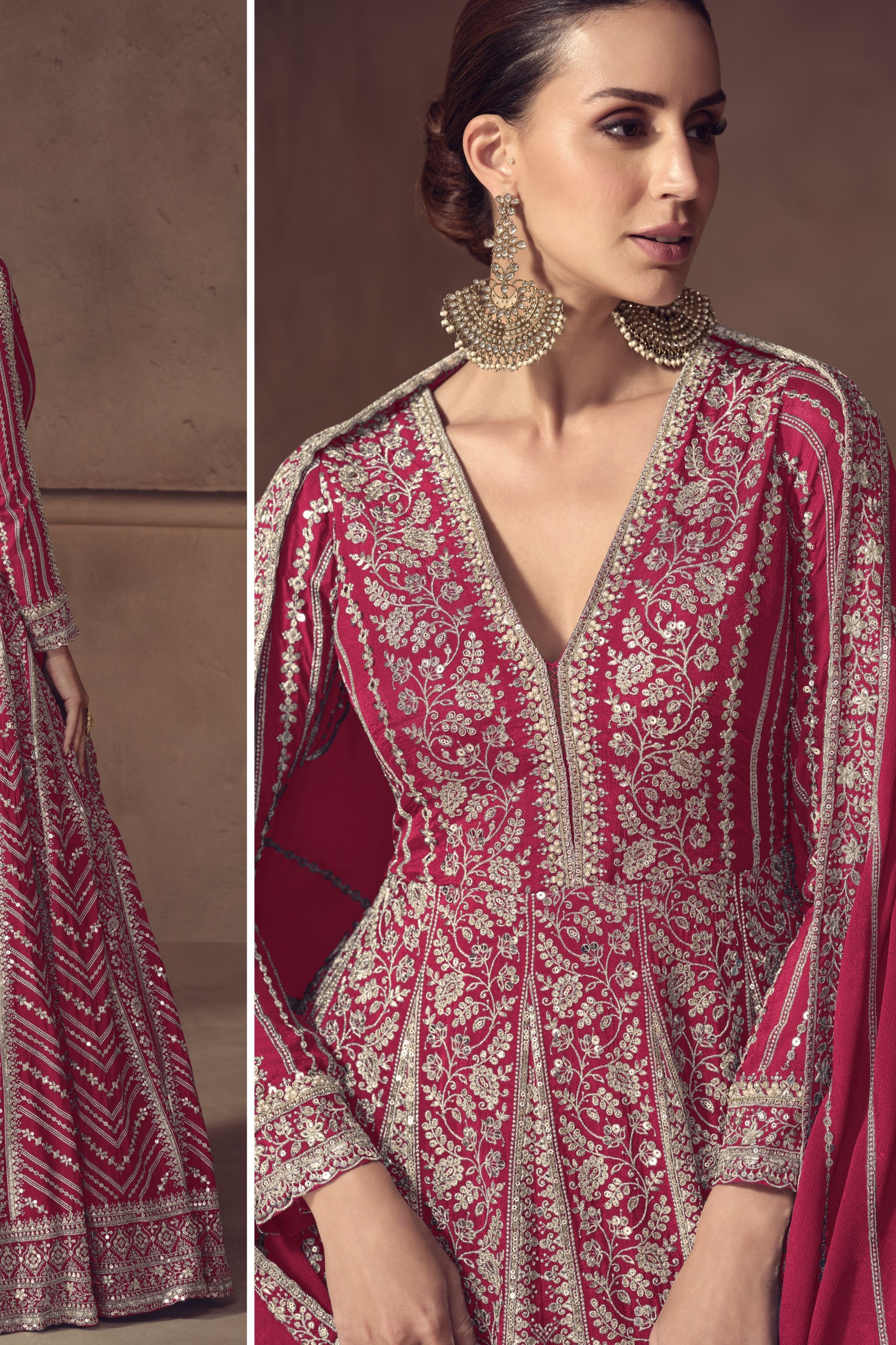 Pink Chinon Silk Anarkali Suit For Indian & Pakistani Wedding Festival - Thread & Sequence Embroidery Work