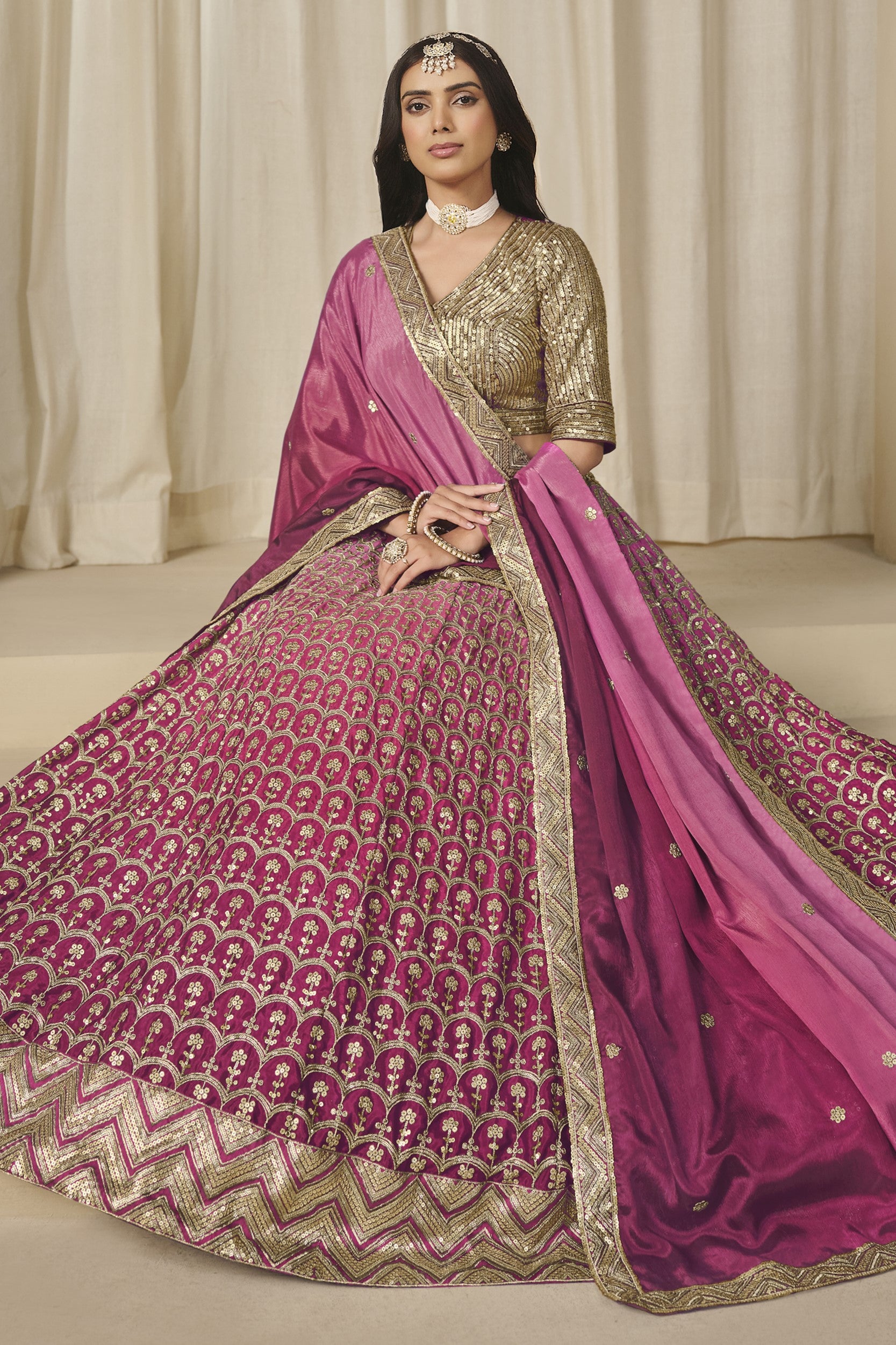 Pink Chinon Silk Dual Color Lehenga Choli For Indian & Pakistani Wedding Festival - Thread & Sequence Embroidery Work