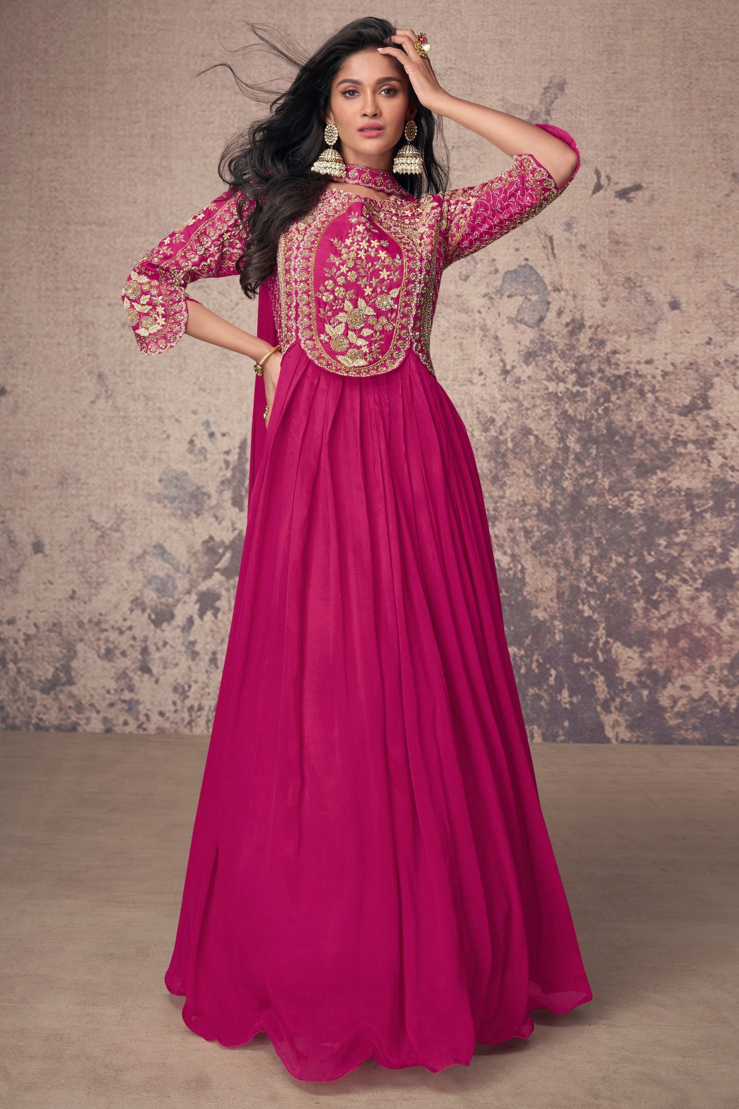 Pink Chinon Silk Anarkali Gown For Indian Festivals & Weddings - Embroidery Work