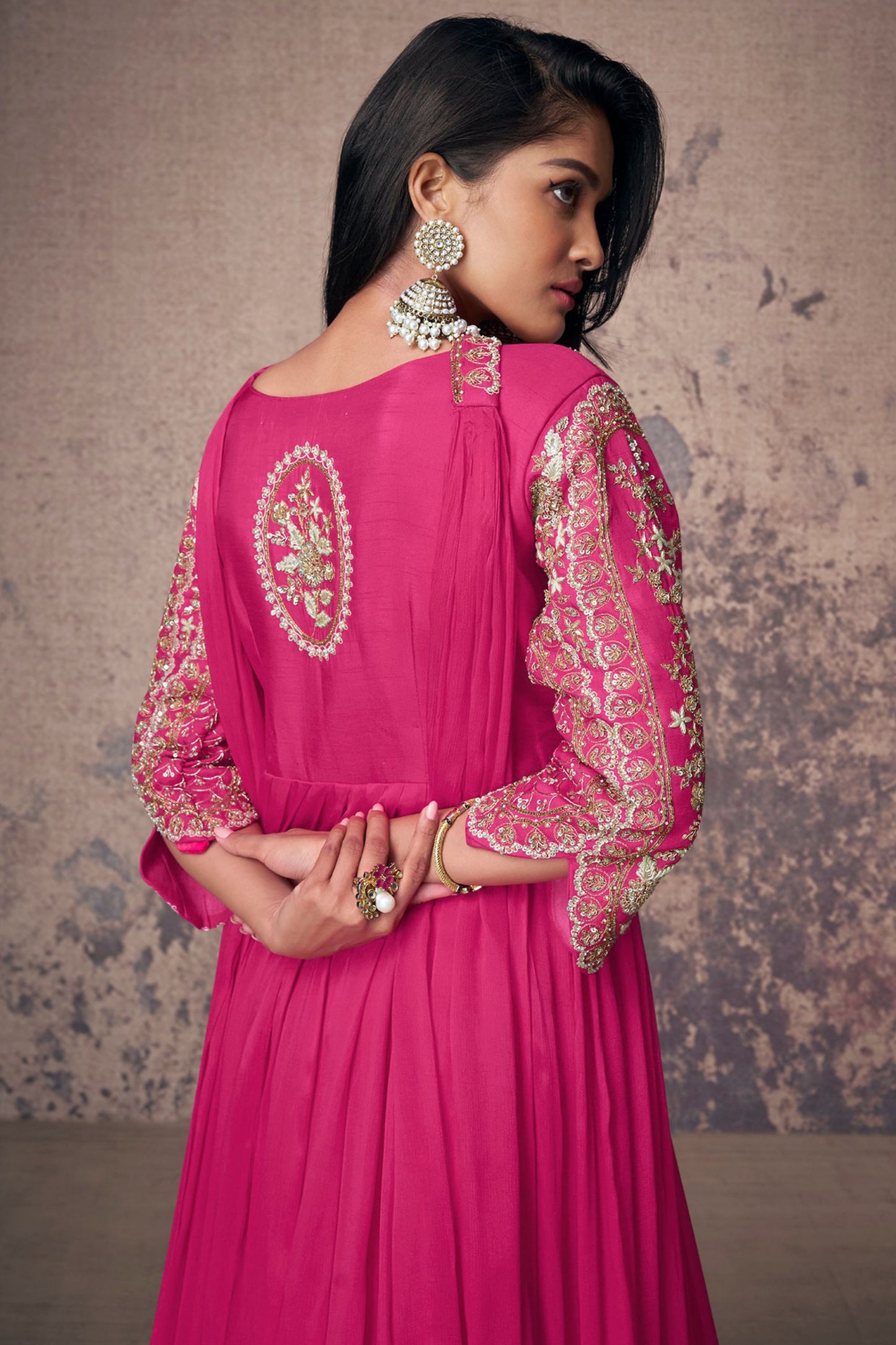 Pink Chinon Silk Anarkali Gown For Indian Festivals & Weddings - Embroidery Work