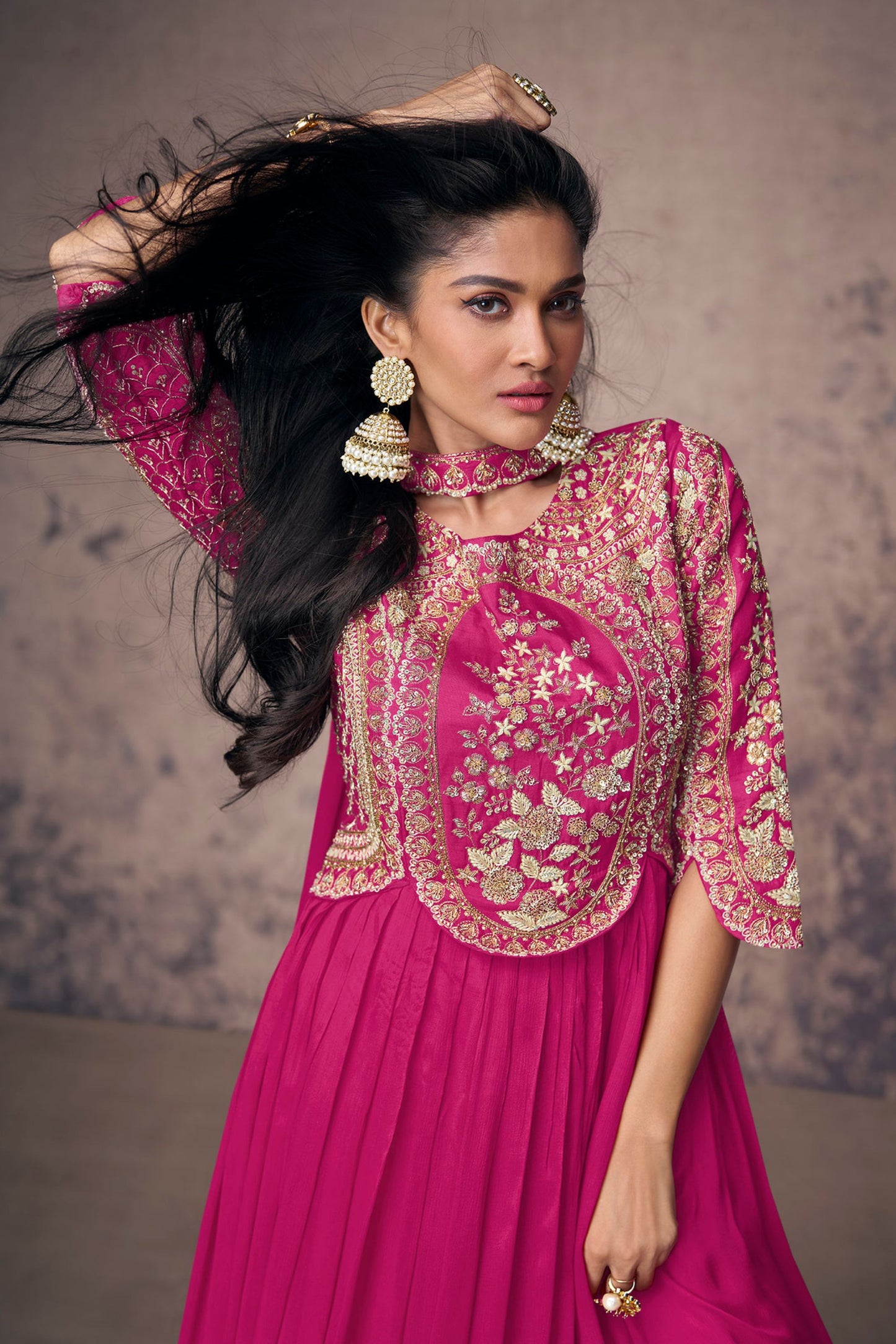 Pink Chinon Silk Anarkali Gown For Indian Festivals & Weddings - Embroidery Work