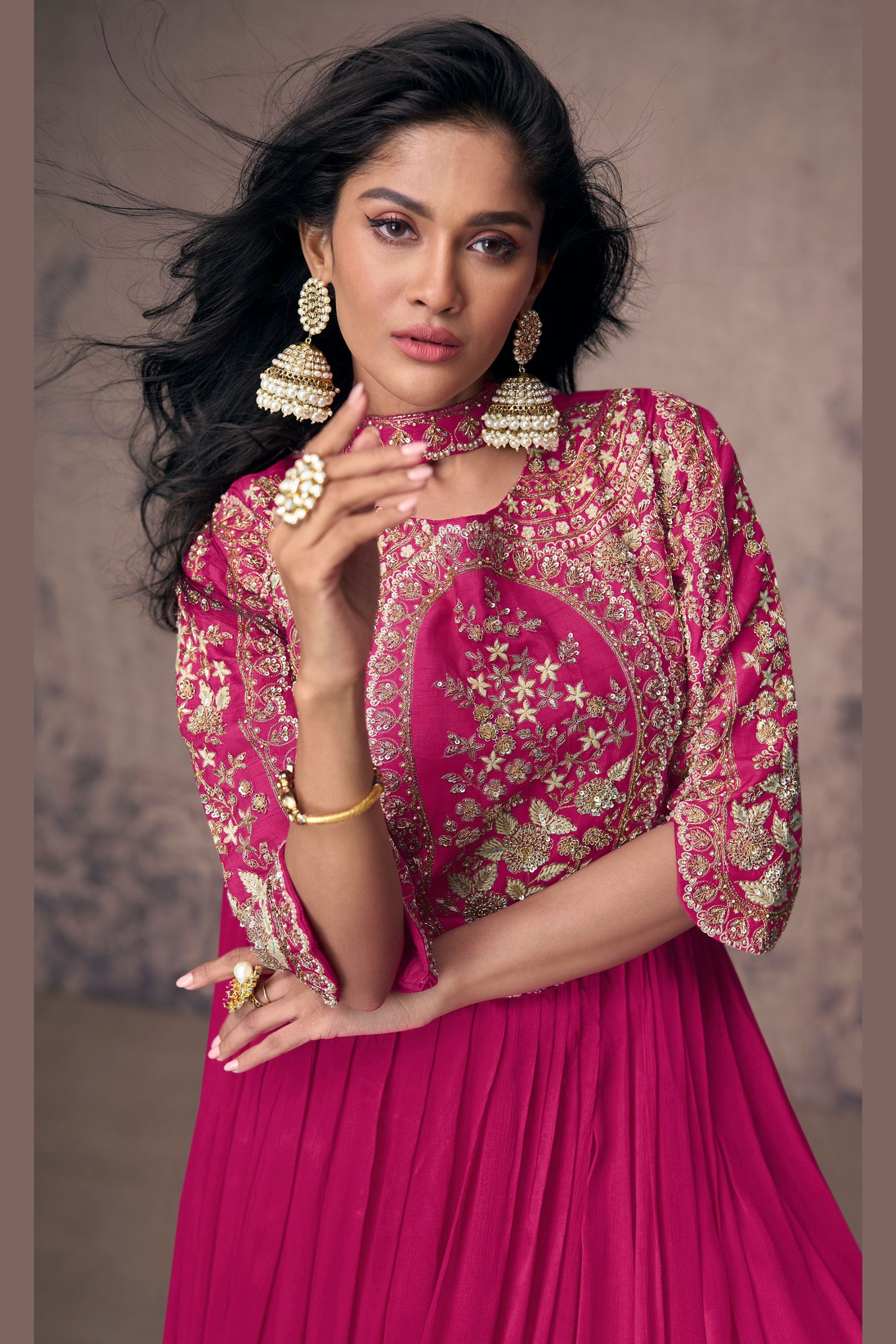 Pink Chinon Silk Anarkali Gown For Indian Festivals & Weddings - Embroidery Work