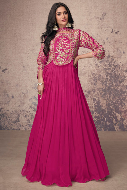 Pink Chinon Silk Anarkali Gown For Indian Festivals & Weddings - Embroidery Work