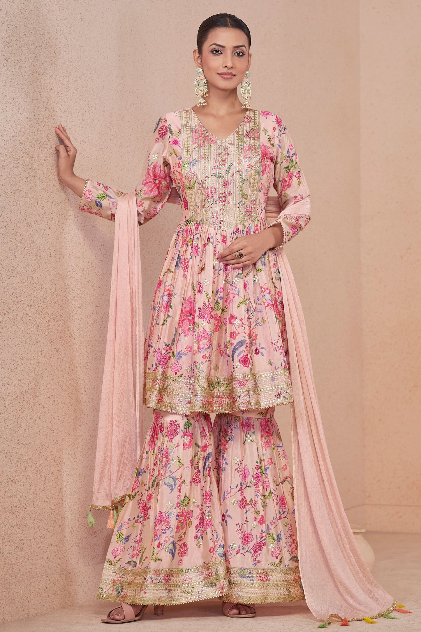 Pink Chinon Silk Flower Floral Printed Sharara Gharara Suit For Indian Festivals & Pakistani Weddings - Embroidery Work, Print Work