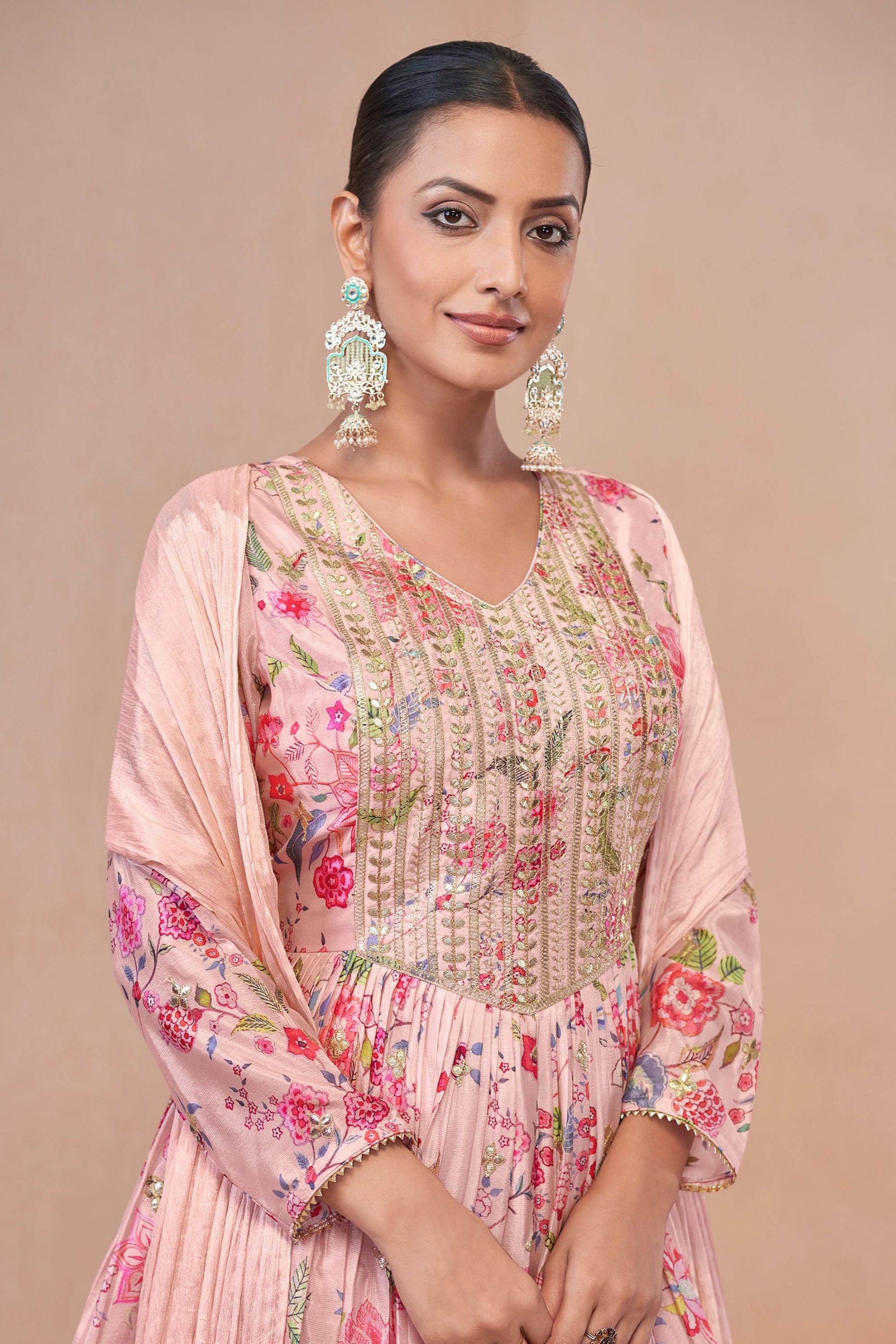 Pink Chinon Silk Flower Floral Printed Sharara Gharara Suit For Indian Festivals & Pakistani Weddings - Embroidery Work, Print Work