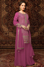 Pink Chinon Silk Kameez With Palazzo Suit For Indian & Pakistani Wedding Festival - Thread & Sequence Embroidery