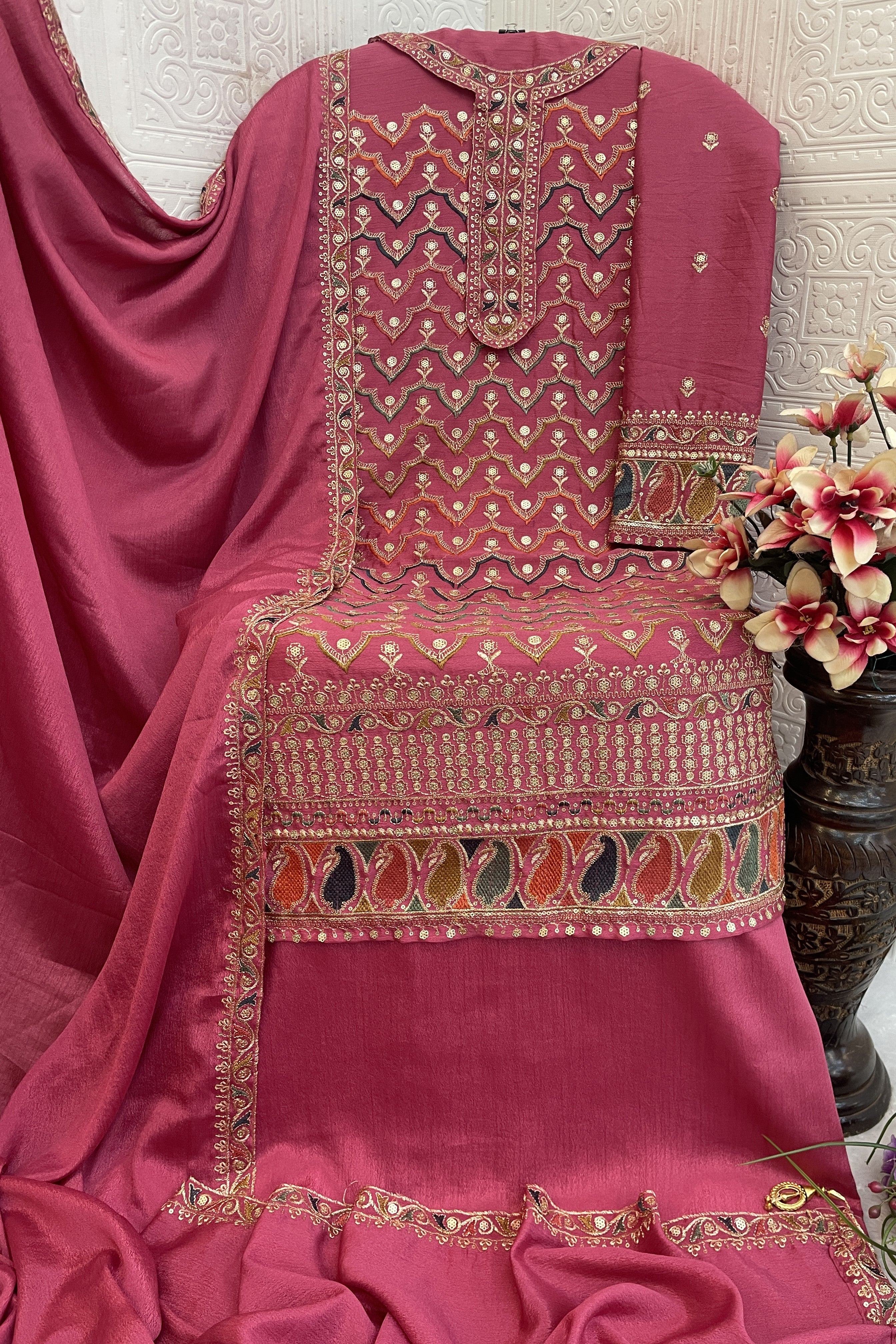 Pink Chinon Silk Kameez With Palazzo Suit For Indian & Pakistani Wedding Festival - Thread & Sequence Embroidery