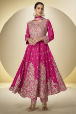Pink Chinon Silk Kameez With Pant For Indian & Pakistani Wedding Festival - Sequins & Thread Embroidery Work