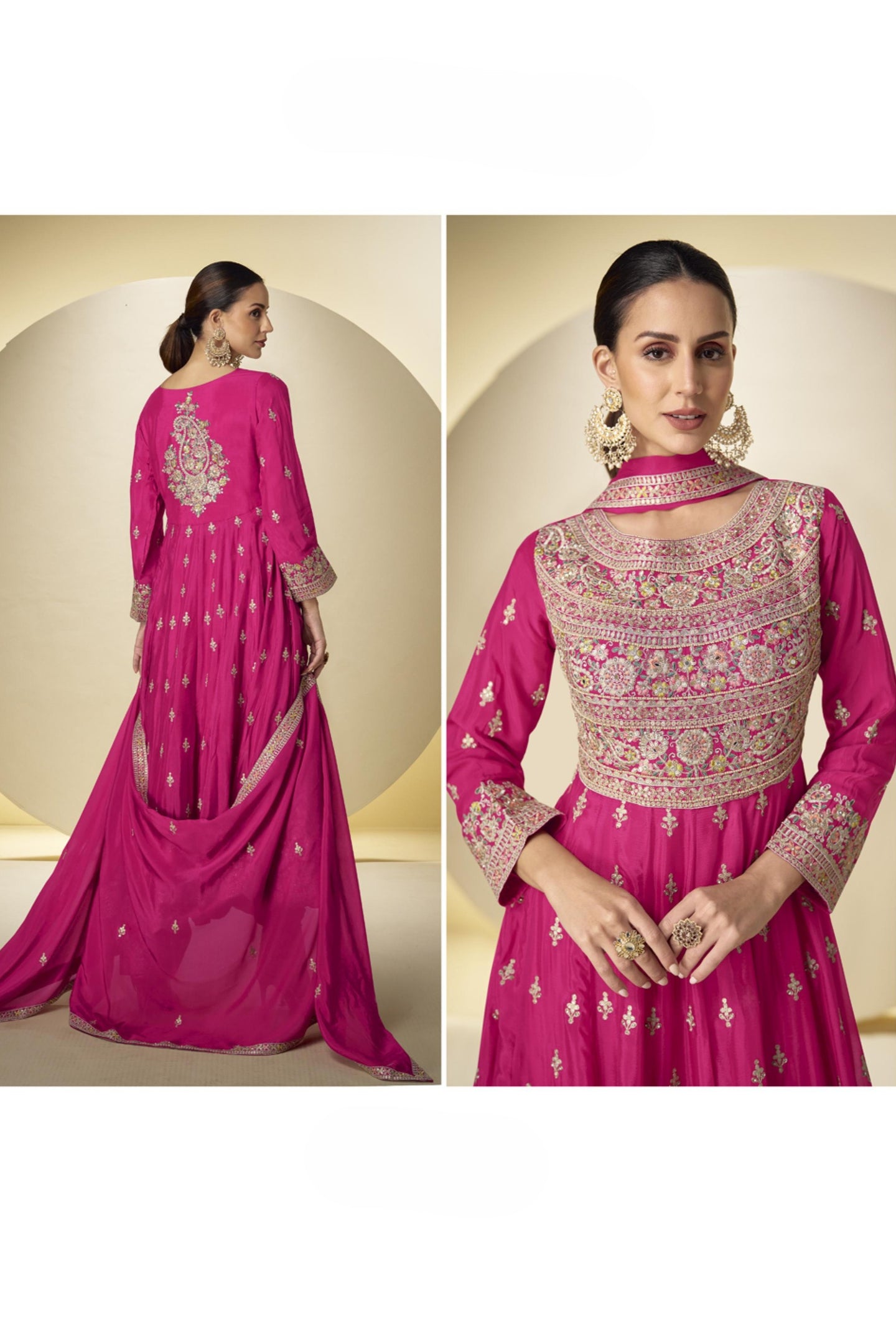 Pink Chinon Silk Kameez With Pant For Indian & Pakistani Wedding Festival - Sequins & Thread Embroidery Work