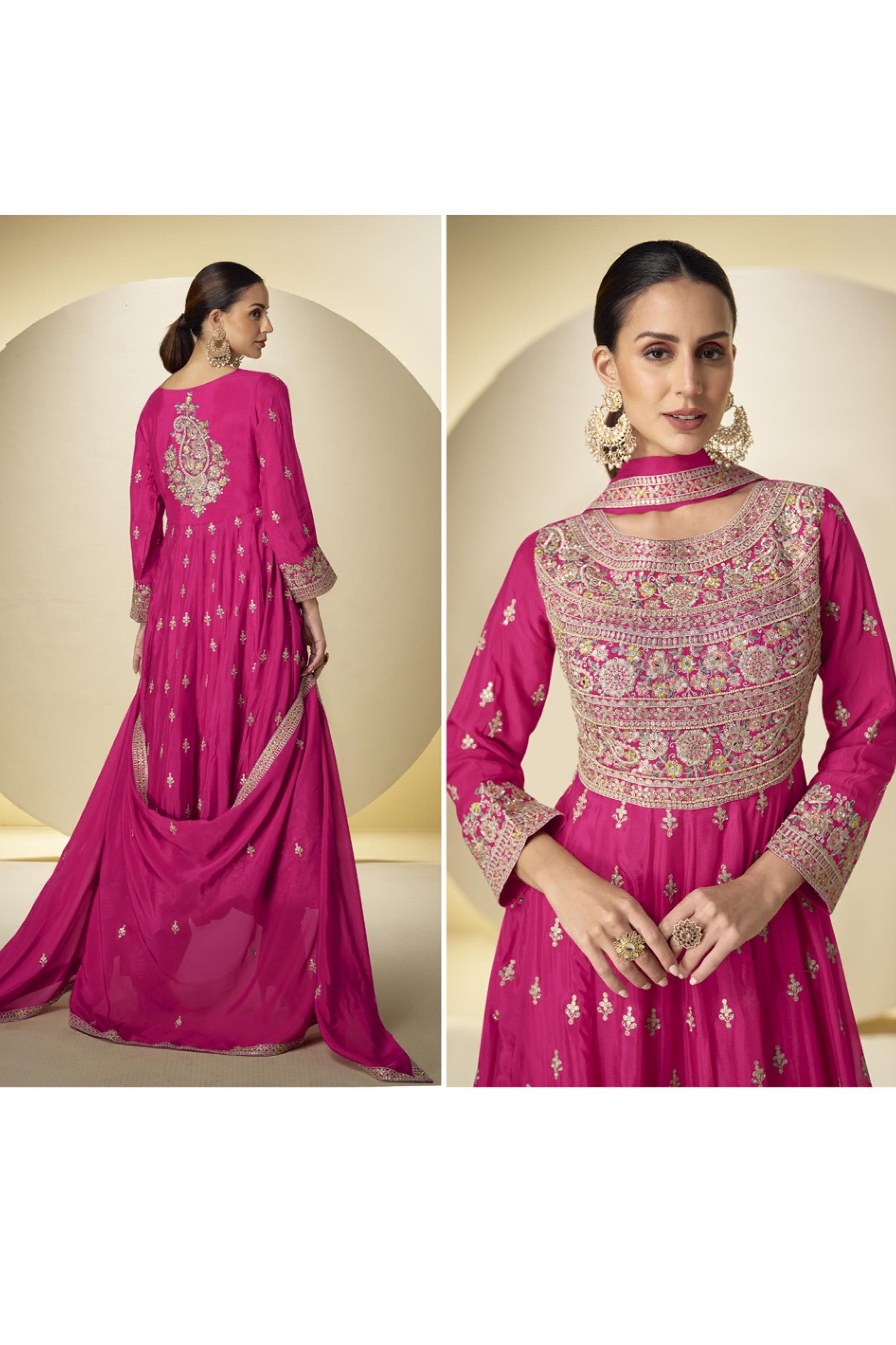 Pink Chinon Silk Kameez With Pant For Indian & Pakistani Wedding Festival - Sequins & Thread Embroidery Work