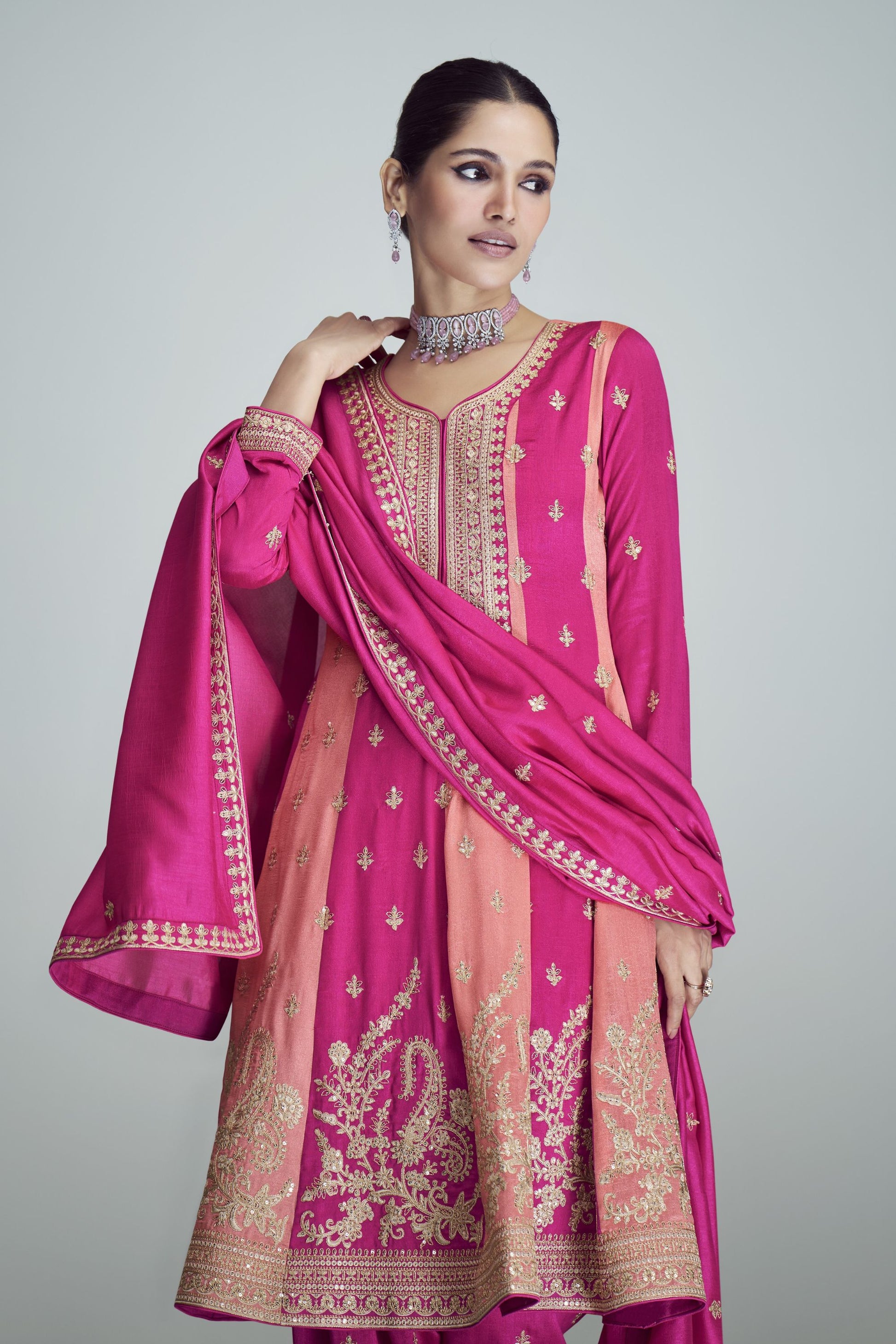 Pink Chinon Silk Kameez with Pant For Indian Festivals & Weddings - Thread Embroidery Work