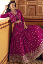 Pink Chinon Silk Lehenga Choli with Koti Jacket For Indian Festivals & Pakistani Weddings - Thread Embroidery Work, Sequence Embroidery Work