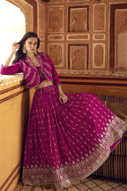 Pink Chinon Silk Lehenga Choli with Koti Jacket For Indian Festivals & Pakistani Weddings - Thread Embroidery Work, Sequence Embroidery Work