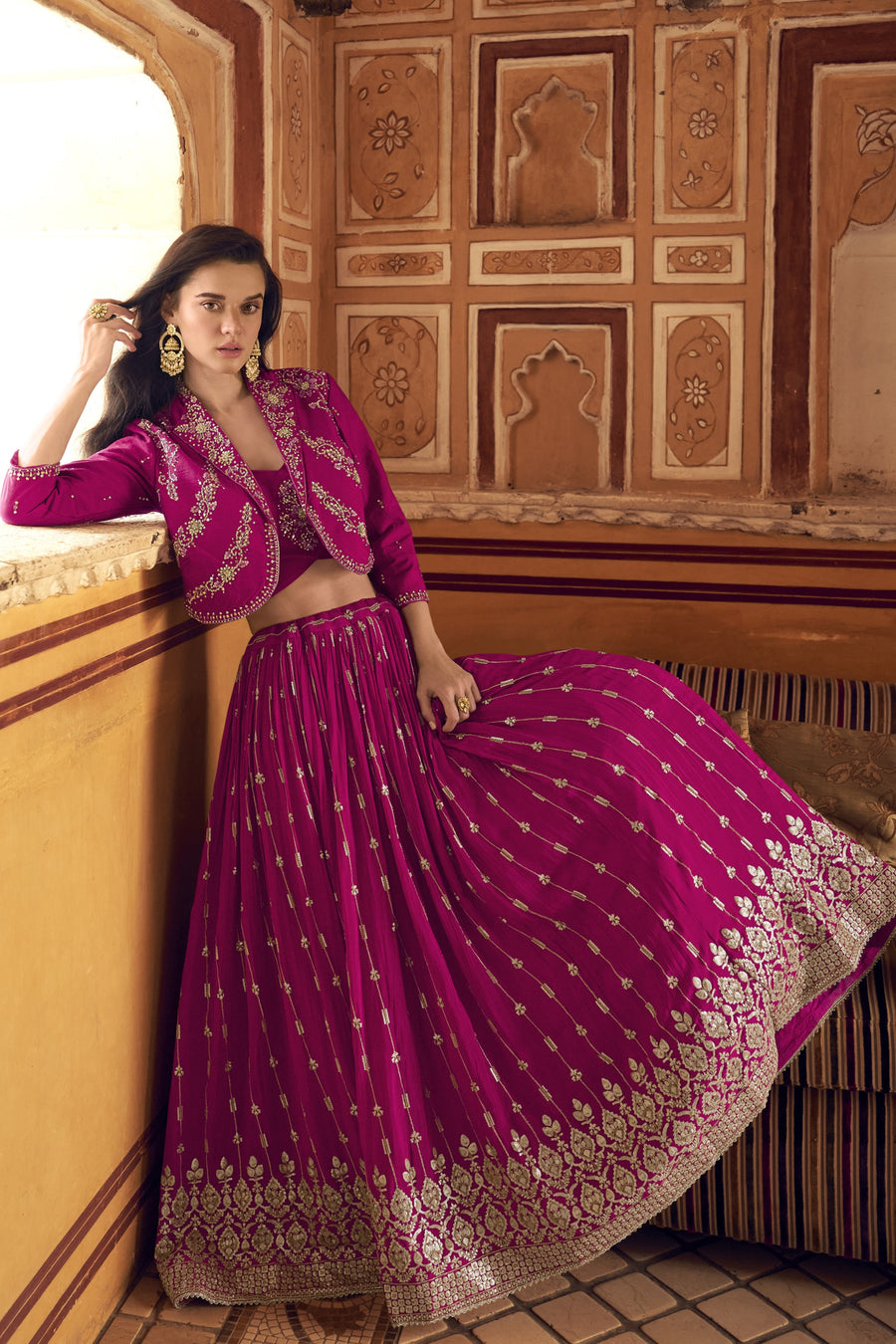 Pink Chinon Silk Lehenga Choli with Koti Jacket For Indian Festivals & Pakistani Weddings - Thread Embroidery Work, Sequence Embroidery Work