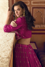 Pink Chinon Silk Lehenga Choli with Koti Jacket For Indian Festivals & Pakistani Weddings - Thread Embroidery Work, Sequence Embroidery Work