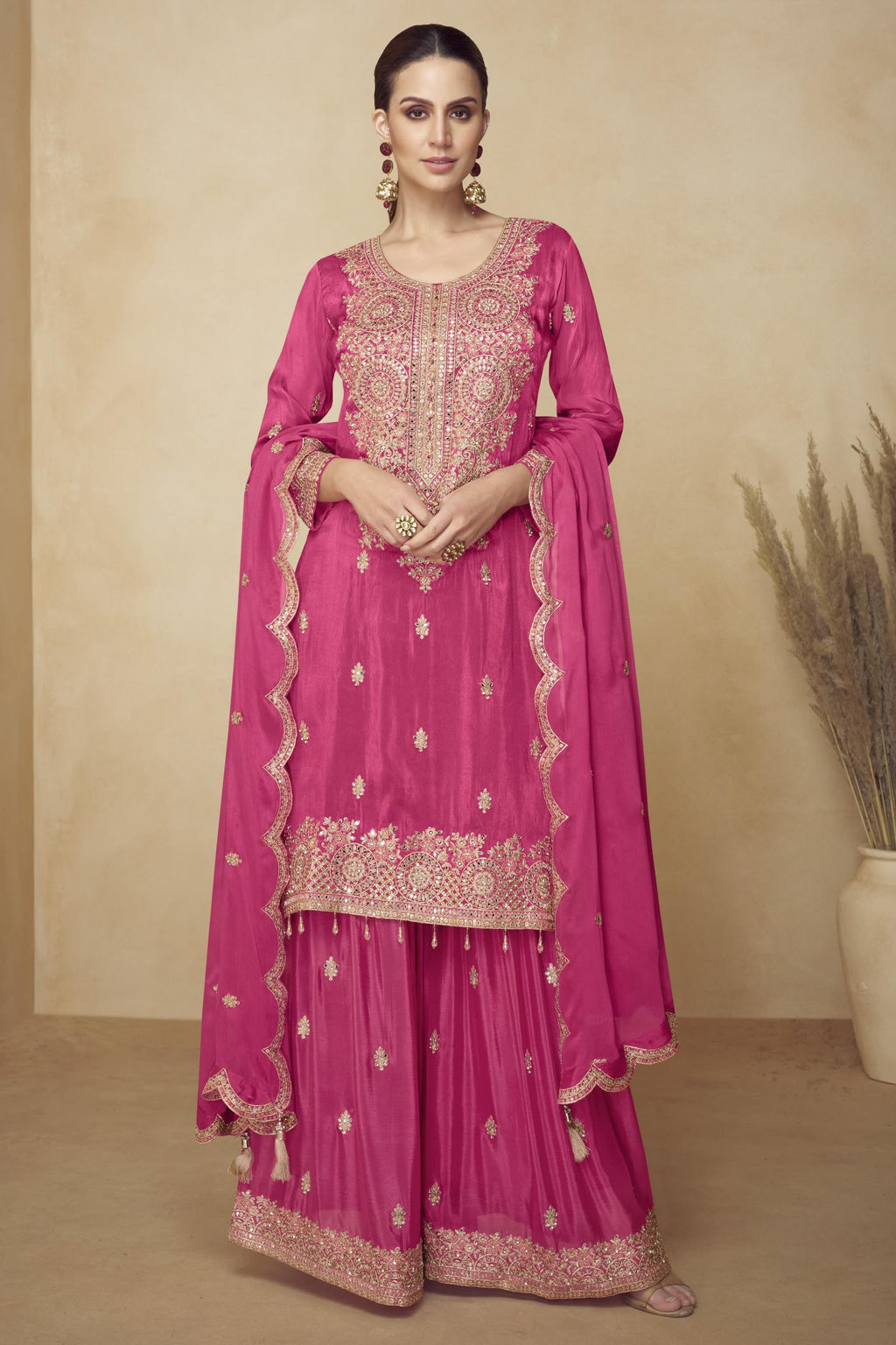 Pink Chinon Silk Palazo Suit For Indian & Pakistani Wedding Festival - Sequins & Thread Embroidery Work
