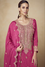 Pink Chinon Silk Palazo Suit For Indian & Pakistani Wedding Festival - Sequins & Thread Embroidery Work