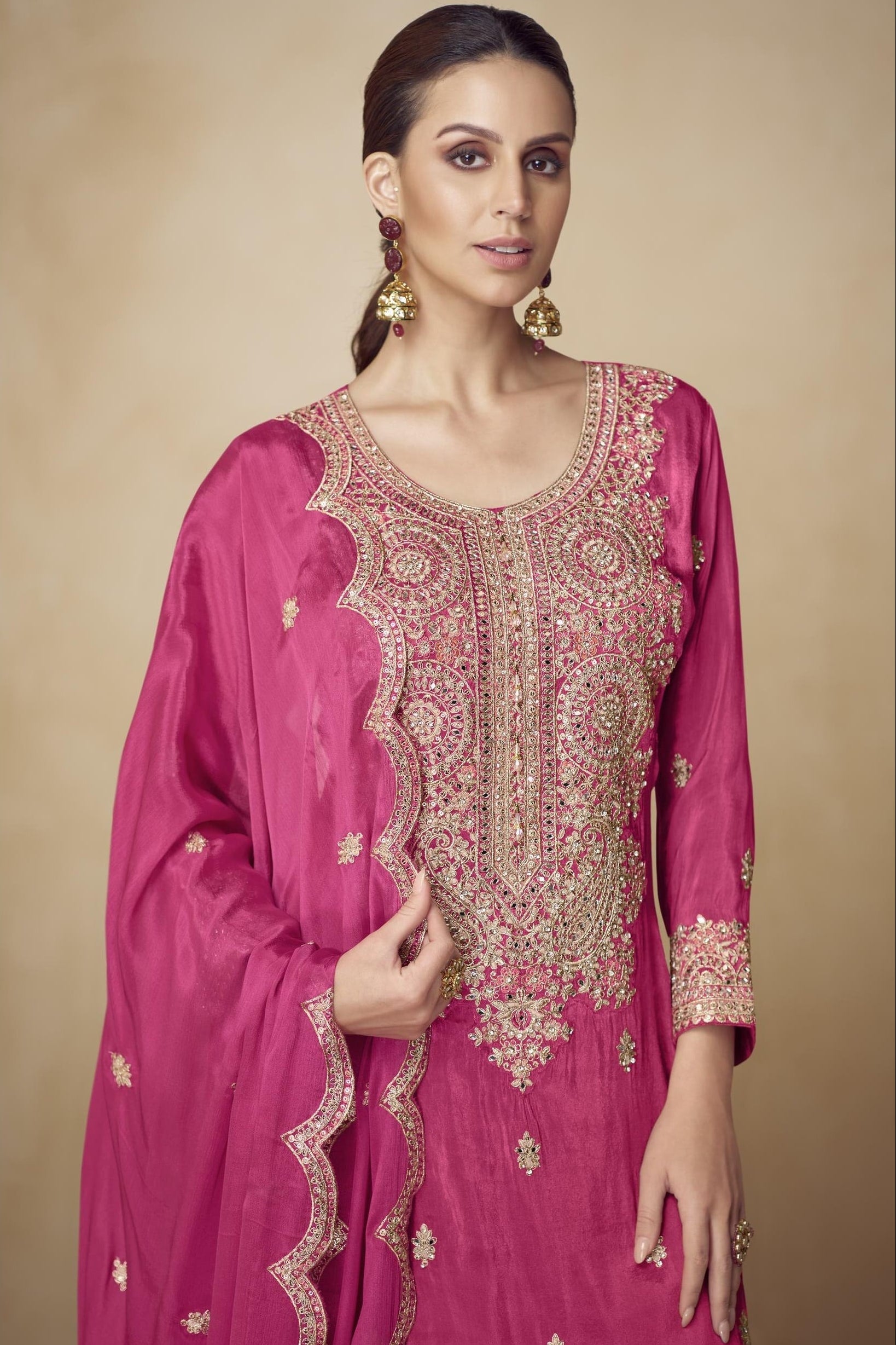 Pink Chinon Silk Palazo Suit For Indian & Pakistani Wedding Festival - Sequins & Thread Embroidery Work