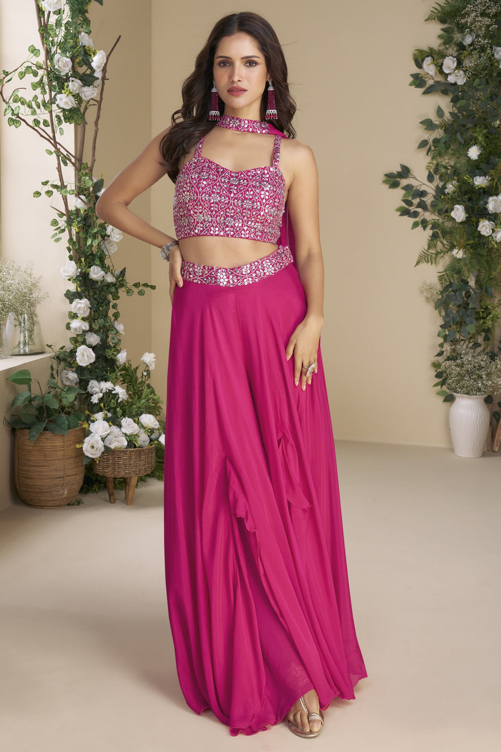 Pink Chinon Silk Palazzo Choli With Jacket For Indian & Pakistani Wedding Festival - Thread & Sequins Embroidery Work