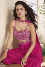 Pink Chinon Silk Palazzo Choli With Jacket For Indian & Pakistani Wedding Festival - Thread & Sequins Embroidery Work