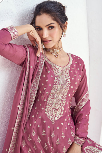 Pink Chinon Silk Palazzo Suit For Indian Festival & Pakistani Weddings - Embroidery Work