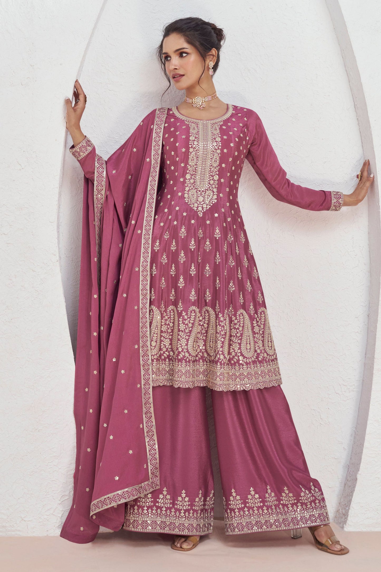 Pink Chinon Silk Palazzo Suit For Indian Festival & Pakistani Weddings - Embroidery Work