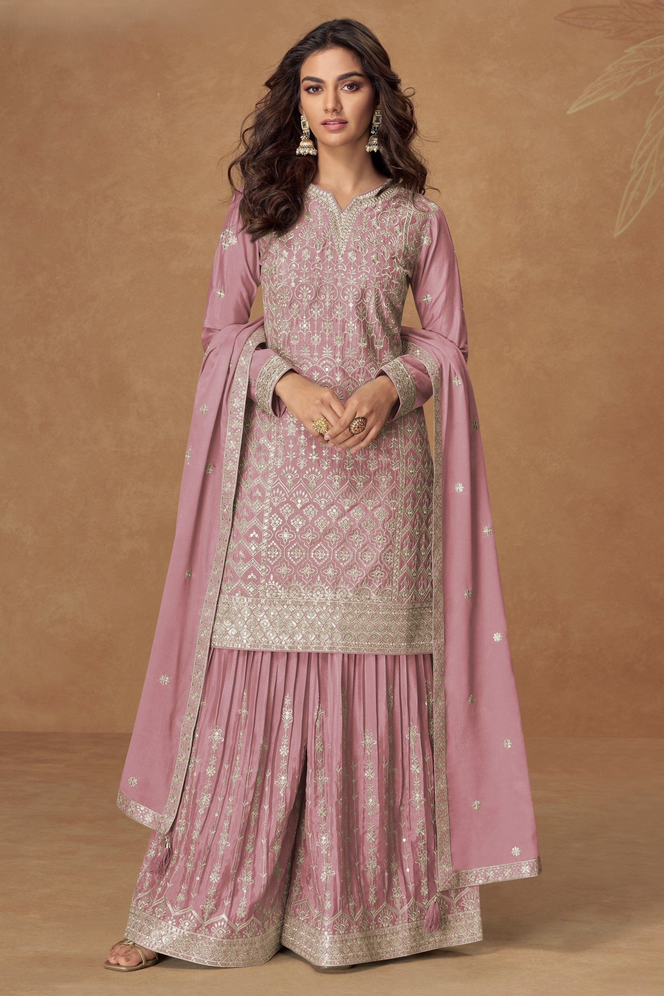 Pink Chinon Silk Sharara Suit For Indian & Pakistani Wedding Festival - Embroidery Work