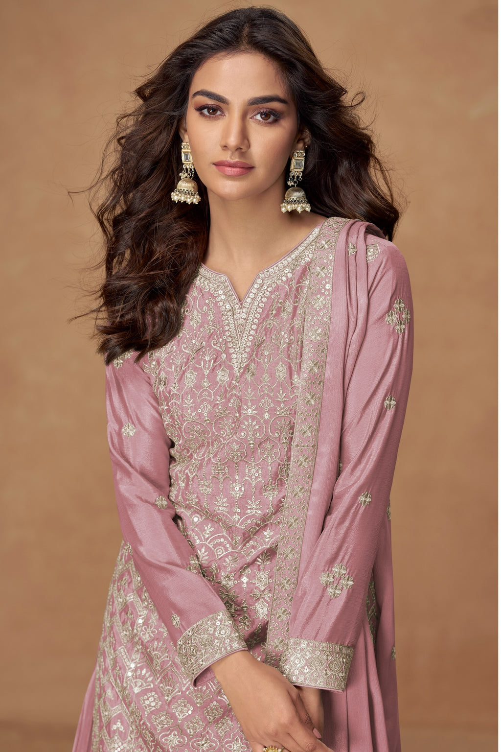 Pink Chinon Silk Palazzo Suit For Indian & Pakistani Wedding Festival - Embroidery Work