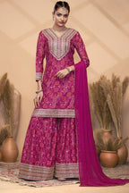 Pink Chinon Silk Palazzo Suit For Indian Wedding & Pakistani Festival - Embroidery Work, Print Work, Mirror Work