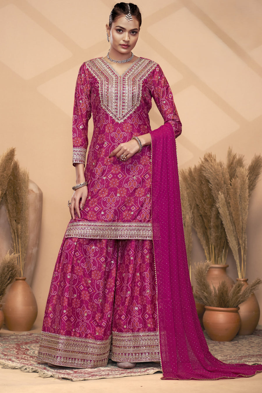 Pink Chinon Silk Palazzo Suit For Indian Wedding & Pakistani Festival - Embroidery Work, Print Work, Mirror Work