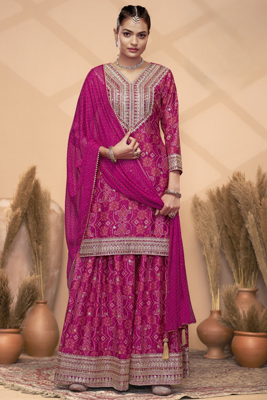Pink Chinon Silk Palazzo Suit For Indian Wedding & Pakistani Festival - Embroidery Work, Print Work, Mirror Work