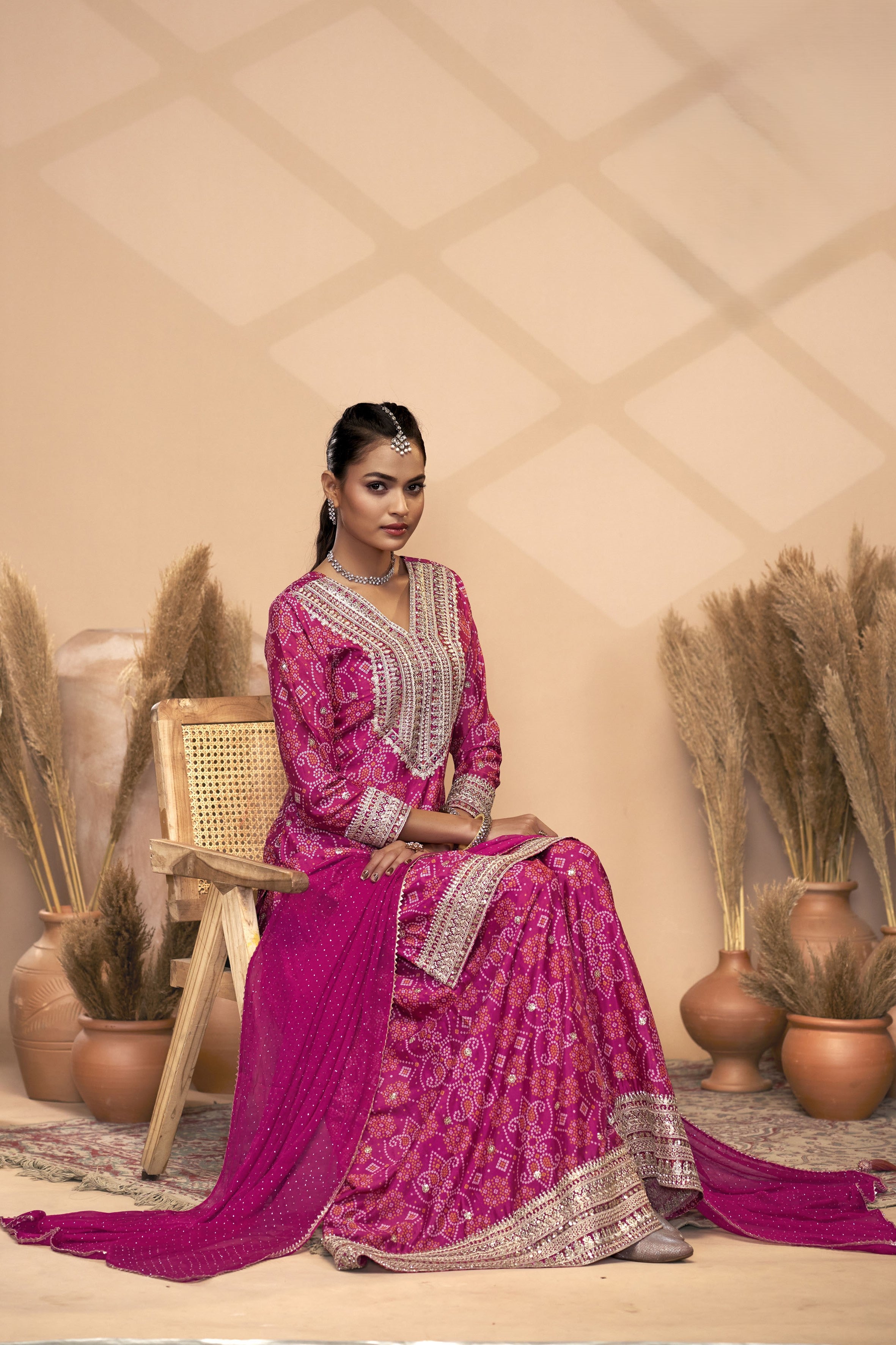 Pink Chinon Silk Palazzo Suit For Indian Wedding & Pakistani Festival - Embroidery Work, Print Work, Mirror Work
