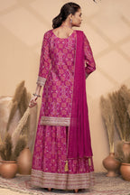 Pink Chinon Silk Palazzo Suit For Indian Wedding & Pakistani Festival - Embroidery Work, Print Work, Mirror Work