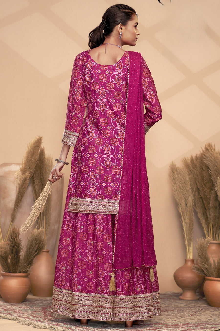 Pink Chinon Silk Palazzo Suit For Indian Wedding & Pakistani Festival - Embroidery Work, Print Work, Mirror Work