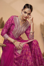 Pink Chinon Silk Palazzo Suit For Indian Wedding & Pakistani Festival - Embroidery Work, Print Work, Mirror Work
