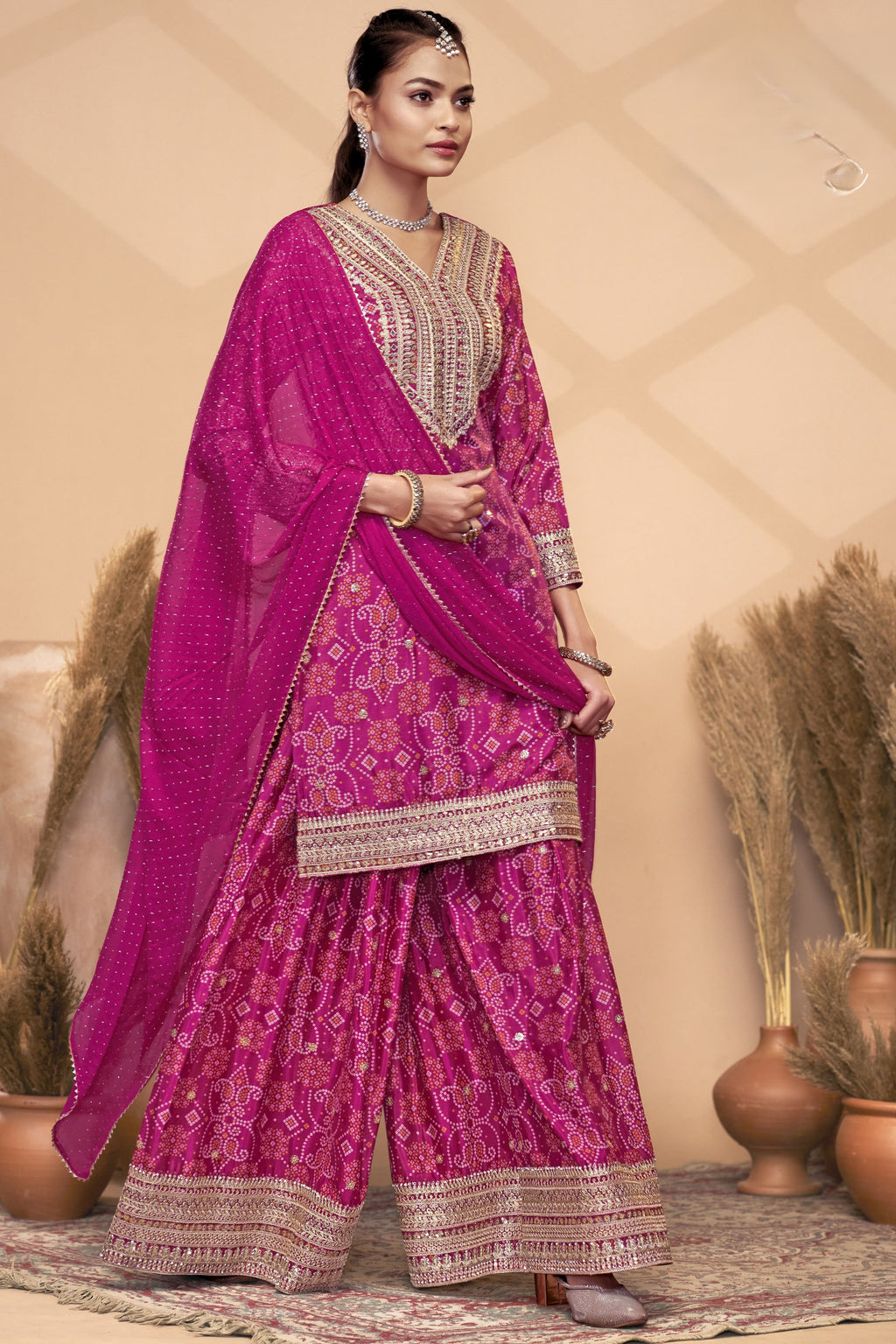 Pink Chinon Silk Palazzo Suit For Indian Wedding & Pakistani Festival - Embroidery Work, Print Work, Mirror Work