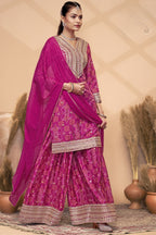 Pink Chinon Silk Palazzo Suit For Indian Wedding & Pakistani Festival - Embroidery Work, Print Work, Mirror Work