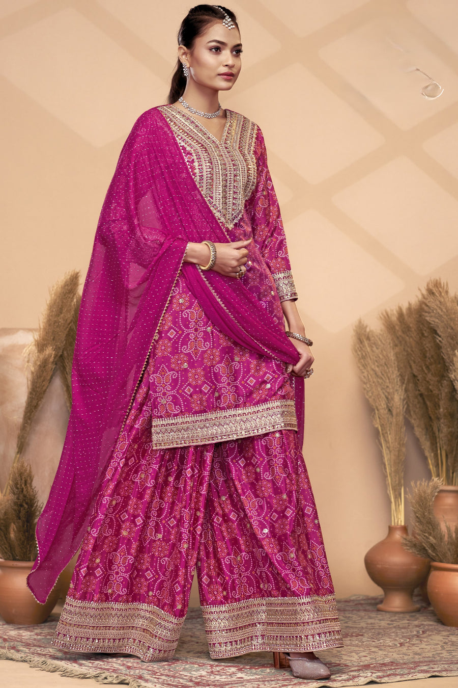 Pink Chinon Silk Palazzo Suit For Indian Wedding & Pakistani Festival - Embroidery Work, Print Work, Mirror Work