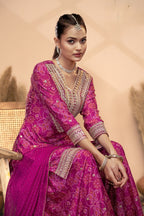 Pink Chinon Silk Palazzo Suit For Indian Wedding & Pakistani Festival - Embroidery Work, Print Work, Mirror Work