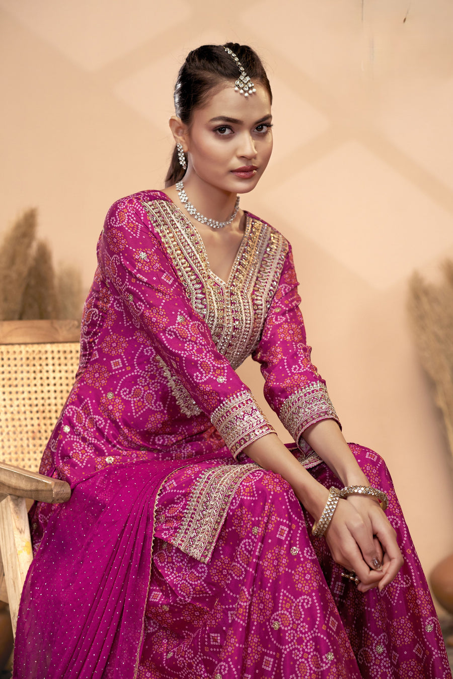 Pink Chinon Silk Palazzo Suit For Indian Wedding & Pakistani Festival - Embroidery Work, Print Work, Mirror Work