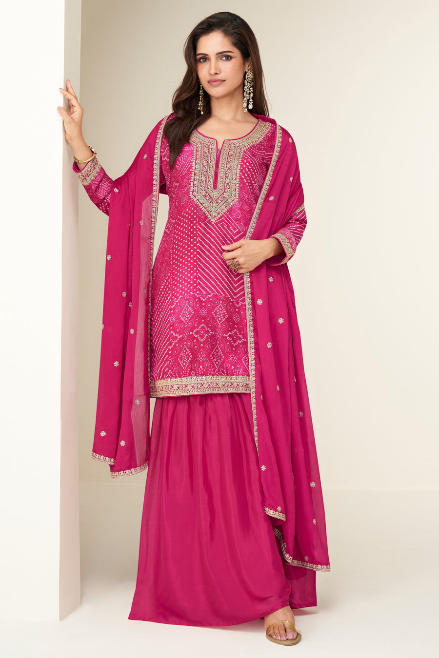 Pink Chinon Silk Plazo Suit For Indian & Pakistani Wedding Festival - Embroidery Work, Print Work
