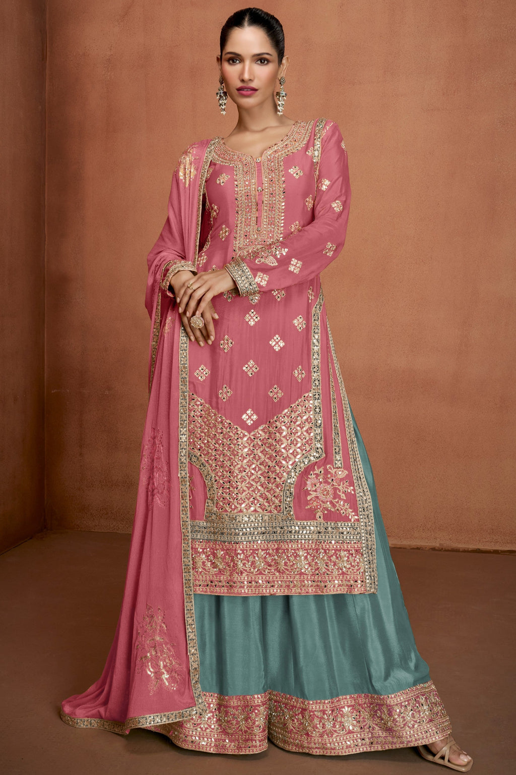 Pink Chinon Silk Plazo Suit For Indian & Pakistani Wedding Festival - Embroidery Work