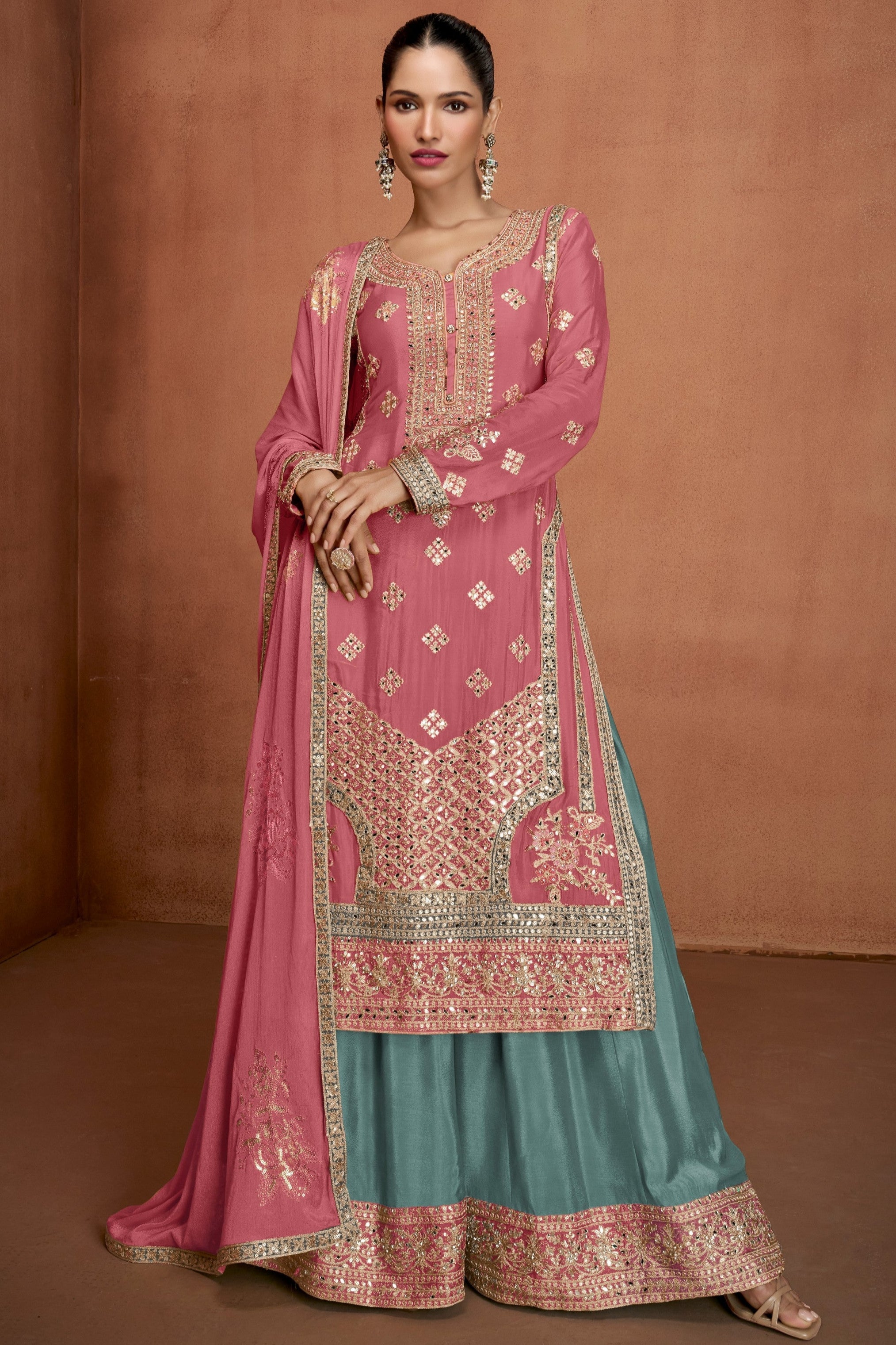 Pink Chinon Silk Plazo Suit For Indian & Pakistani Wedding Festival - Embroidery Work