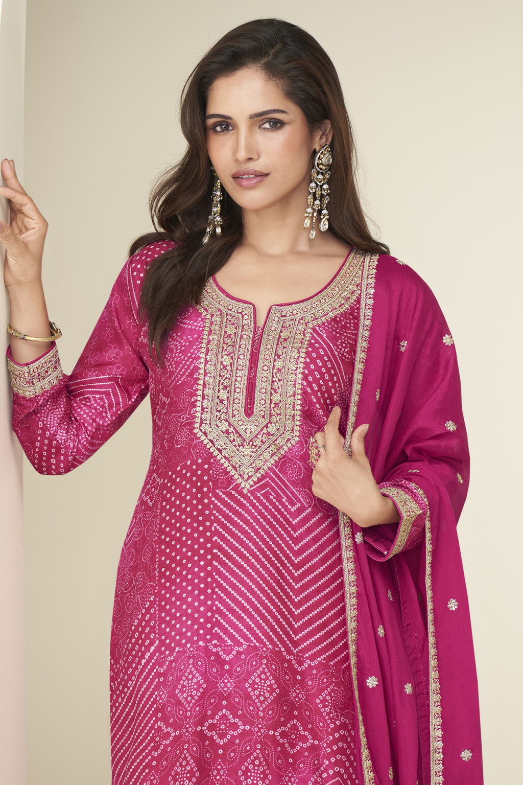 Pink Chinon Silk Plazo Suit For Indian & Pakistani Wedding Festival - Embroidery Work, Print Work