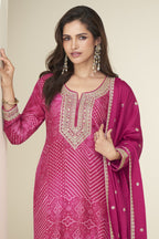 Pink Chinon Silk Plazo Suit For Indian & Pakistani Wedding Festival - Embroidery Work, Print Work