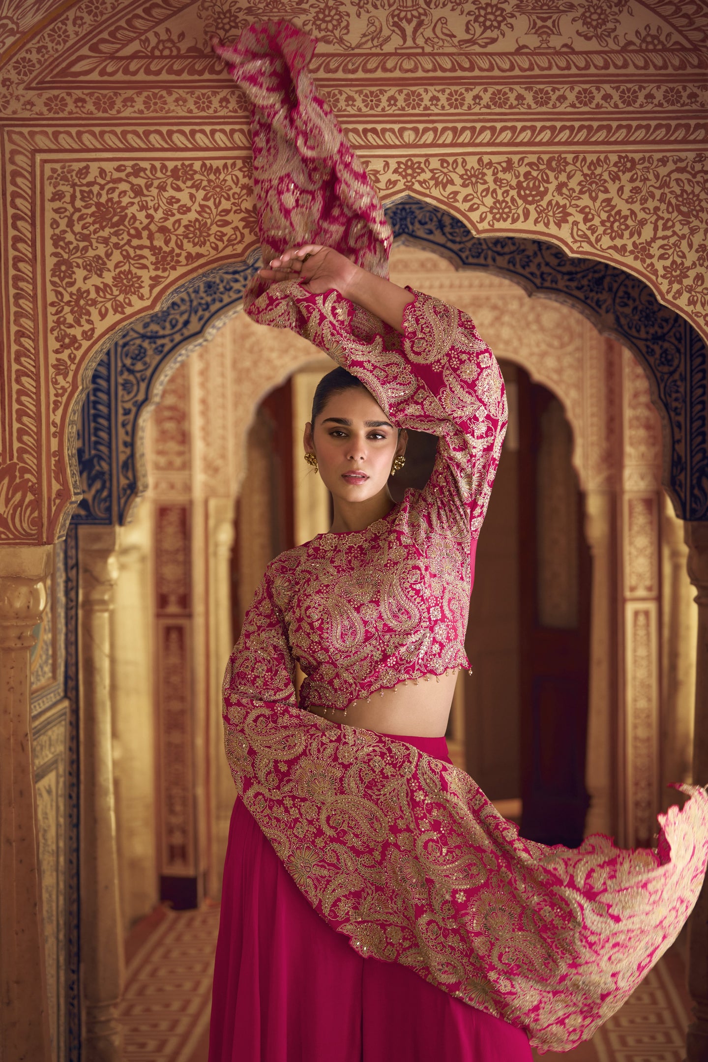 Pink Chinon Silk Plazo Suit For Indian Weddings & Pakitani Festival - Embroidery Work