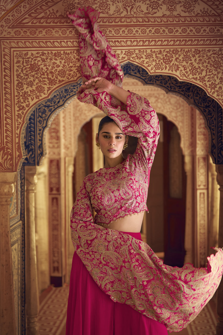 Pink Chinon Silk Plazo Suit For Indian Weddings & Pakitani Festival - Embroidery Work