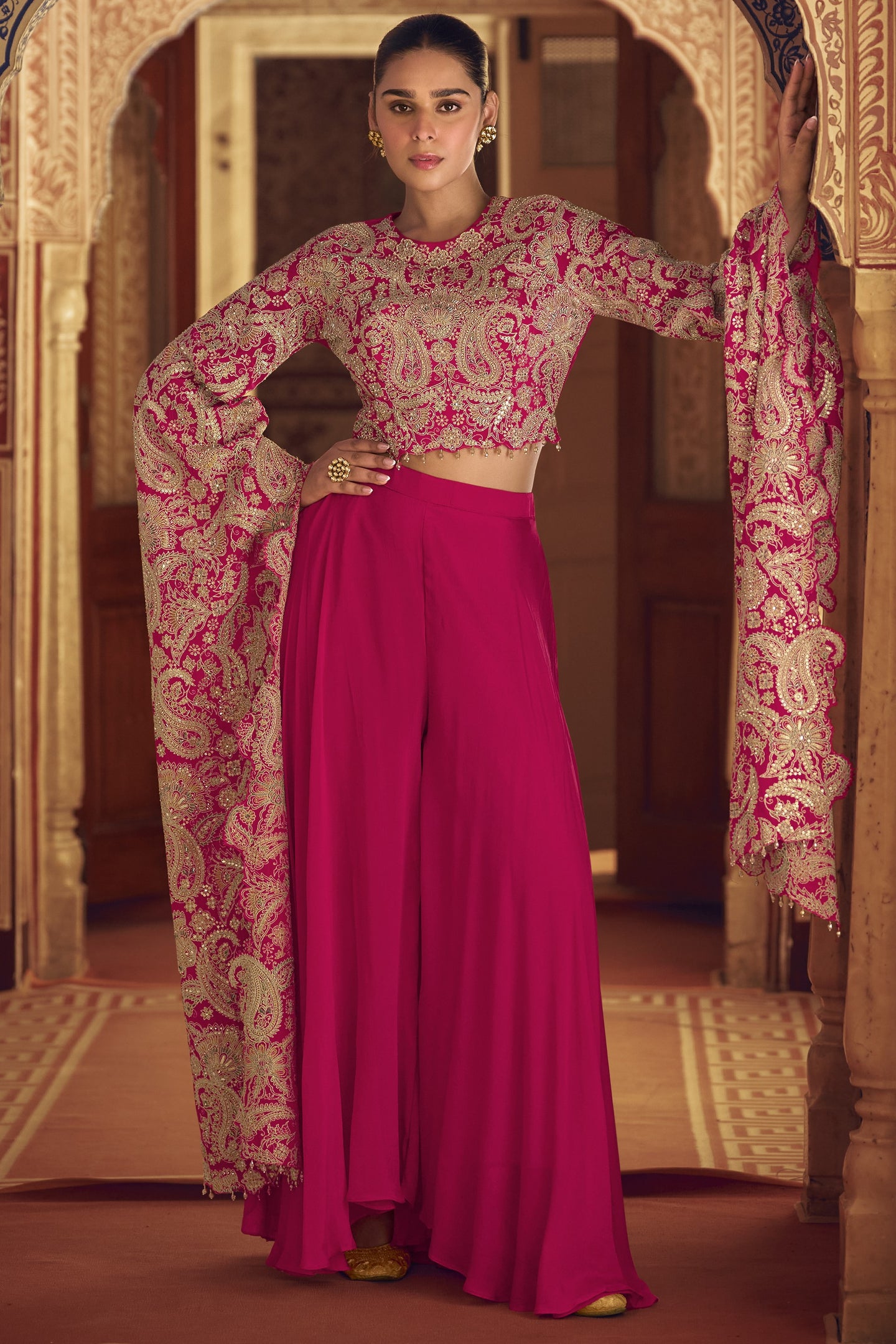 Pink Chinon Silk Plazo Suit For Indian Weddings & Pakitani Festival - Embroidery Work